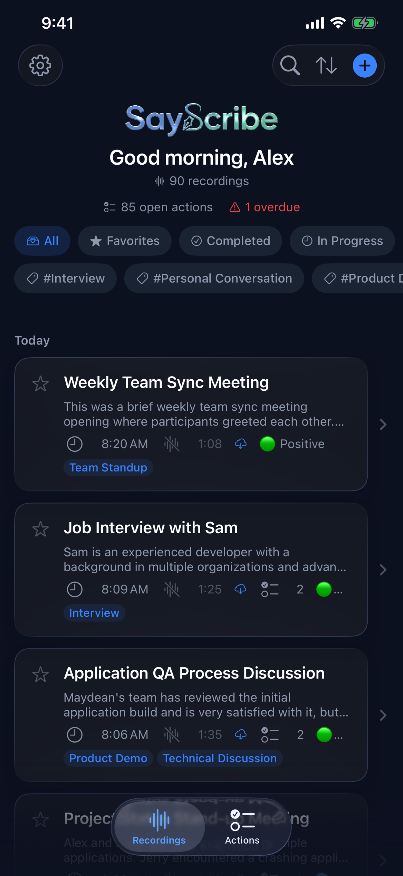 SayScribe app showing recordings list — private by design